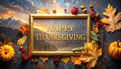 Happy Thanksgiving framed art with autumn leaves and pumpkins.