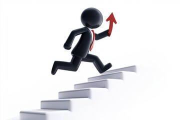 3D icon of a man in a suit and tie running up a red arrow up a white staircase, white background, vector illustration.