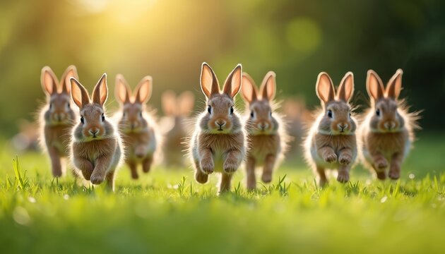 Group of fluffy rabbits running through green grass illuminated by sunlight. Bunny animals play freely outdoors in meadow. Cute wildlife scene shows lively creatures with long ears.