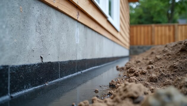 Exterior house foundation base with damp proofing layer, concrete wall, new wooden siding above, soil pile beside. Waterproofing membrane protects building from moisture, water gathers.