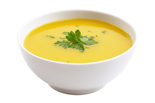 Bowl of creamy yellow soup with parsley garnish