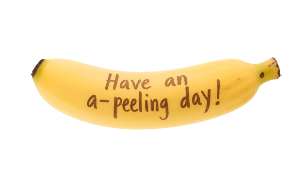 Yellow banana with fun motivational quote have an apeeling day written on peel, isolated on the transparent background, positive message concept