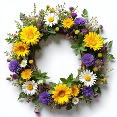 Fototapeta premium Round floral wreath of yellow white and purple wildflowers. Natural decoration with green leaves on white background. Summer spring outdoor nature beauty.