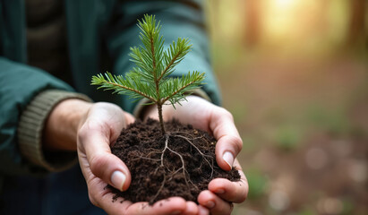 Person hands carefully hold small green spruce tree seedling with visible roots, dark soil. Individual prepares to plant new fir sapling in sunlit forest. Gesture represents sustainable eco friendly