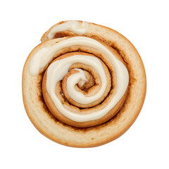 Fototapeta premium Cinnamon roll with cream cheese frosting isolated on the transparent background, fresh baked pastry dessert, swirl bun, breakfast treat, sweet glaze