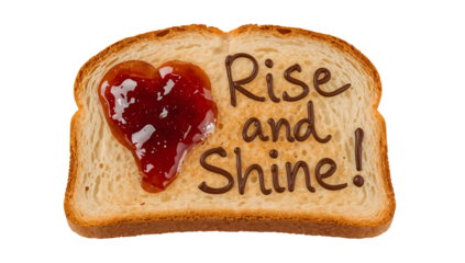 Heartshaped jam on toast with rise and shine chocolate message isolated on white for cheerful breakfast inspiration