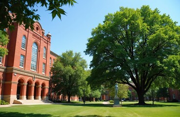 Obraz premium Historic red brick university building with arched entryways and tall windows set on a green lawn. A large tree stands near a sculpture on a sunny day. Classic American architecture.
