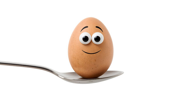 Funny egg with googly eyes and smile on spoon isolated on the transparent background, whimsical breakfast concept, playful food art