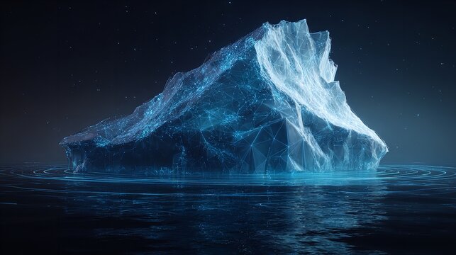 Luminous iceberg floating in dark waters with starry night sky above.