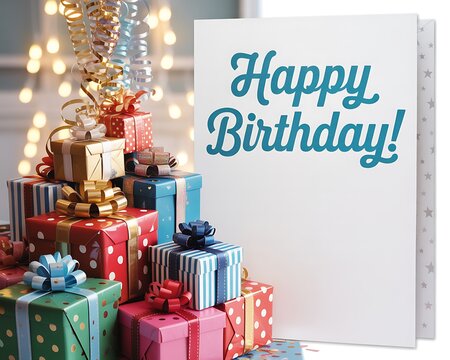 A festive stack of colorful birthday gifts tied with ribbons sits beside a blank card with happy birthday written in elegant teal script
