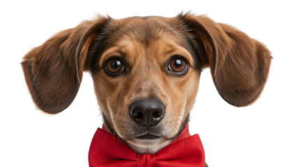 Adorable puppy with red bow tie closeup portrait on the transparent background, cute brown dog with big eyes, pet fashion, canine expression, domestic animal trend