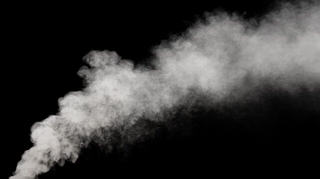 Dense gray smoke plume animation isolated on transparent background alpha, heavy horizontal smoke flow like factory stack, ship funnel, or locomotive steam, realistic industrial pollution vapor elemen