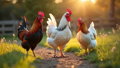 Fototapeta premium Three chickens stand on a dirt path during sunset. Two roosters and one hen are featured in a grassy rural farm yard. Golden hour light illuminates the birds.