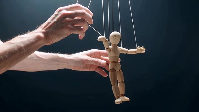 Cinematic Close-Up of a Puppeteer&rsquo;s Hand Controlling Silver Strings in Dreamlike Light