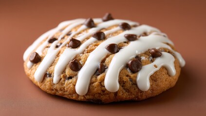 A cookie with chocolate chips and white icing