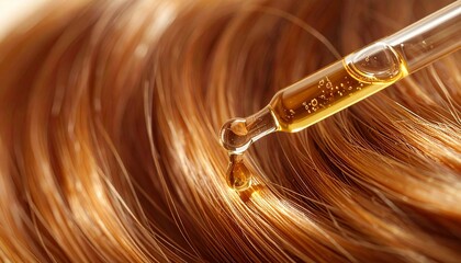 Obraz premium Haircare oil being dropped onto strands of hair for a moisturizing treatment with pipette
