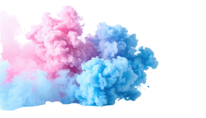 Pink and blue fluffy smoke wisps against black; abstract, vibrant, airy and ethereal, creating a dynamic contrast