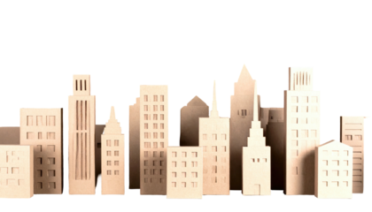 Cardboard city skyline with various buildings, ranging in height and style against a stark, black background