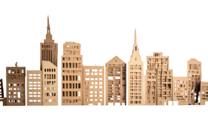 Cardboard cutout skyline against a black background