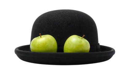 Minimalist black bowler hat with two green apples on the transparent background  surreal art concept, modern composition, creative still life