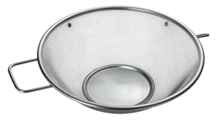 Top-down view of a metallic mesh strainer with handles & central support on black