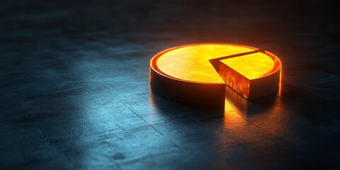 glowing golden pie chart with a slice removed, resting on a dark, textured surface, symbolizing data analysis and business insights. Ideal for finance, tech, or corporate blogs