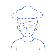 Isolated man feeling down with rain cloud overhead, conveying sadness and depression, perfect for mental health awareness and emotional wellbeing campaigns