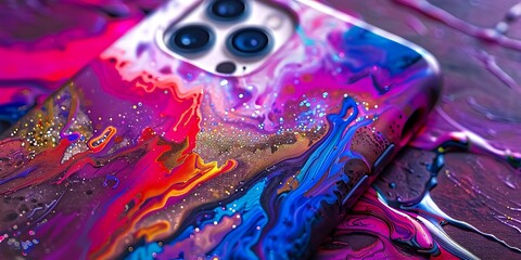 Obraz premium Vibrant abstract paint swirls on a modern device case, creating a colorful, artistic design.