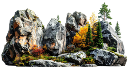 Rugged rocks and autumn foliage create a vibrant and natural scene against a dark background