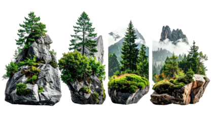 Four rock formations with trees, moss, and a black background, evoking nature and serenity with a cut-out feel