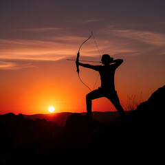 Illustration of silhouette of an archer aiming with a bow and arrow at sunset, embodying focus, precision, and the pursuit of goals against a vibrant sky
