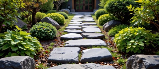 Obraz premium Stone pathway surrounded by lush greenery and shrubs in a serene garden setting.