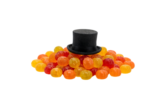 Colorful hard candies pile with black top hat isolated on the transparent background, creative concept, sweet treats, minimal design