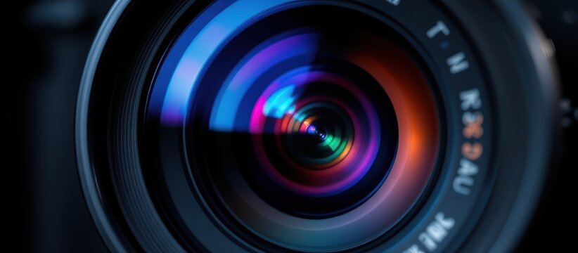 Close-up of a colorful camera lens showcasing reflections and intricate details.