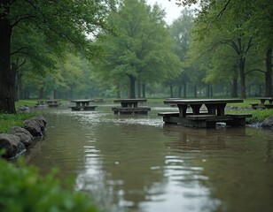 Fototapeta premium Flooded park after heavy rain. Wooden picnic tables stand in water. Trees reflected in the water. Landscape scenery, nature environment. Global warming impact.
