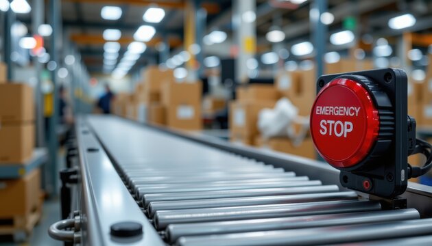 Conveyor belt with an emergency stop button in a warehouse environment.