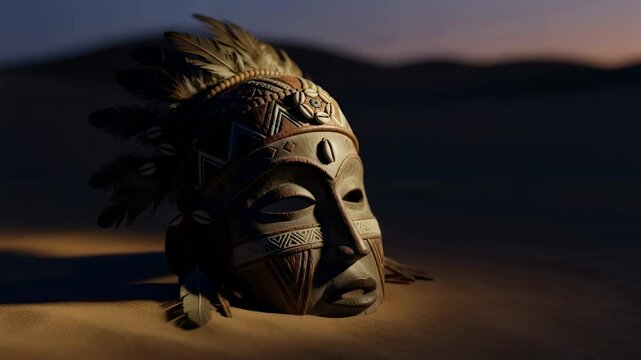 Ethnic tribal mask with feather and cowrie shell detail in desert landscape capturing ancient culture and history animation.
