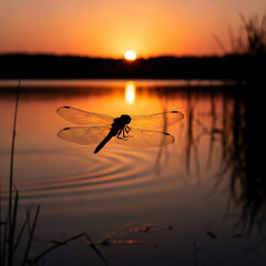Illustration of a dragonflys silhouette is captured against a stunning sunset over a tranquil lake, its wings reflecting the warm light, creating a serene and picturesque scene