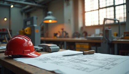 Red safety helmet rests on blueprints and tool on wooden workbench. Workshop interior with machinery, windows, and natural light. Construction planning and industry.