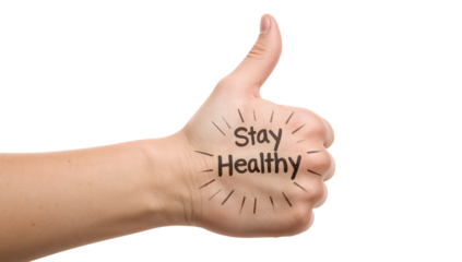 Thumbs up hand gesture with stay healthy message written on skin encouraging wellness, positivity, motivation, and healthy lifestyle on the transparent background