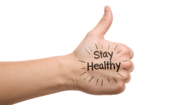 Thumbs up hand gesture with stay healthy message written on skin encouraging wellness, positivity, motivation, and healthy lifestyle on the transparent background