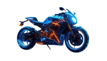 Modern motorcycle illustration, rendered in blue wireframe and orange accents, contrasted against a solid black backdrop