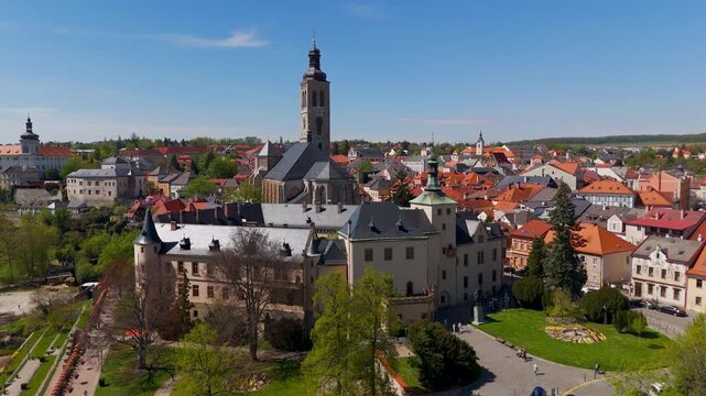 Cinematic aerial orbit around the historic Italian Court Palace (Vla&scaron;sk&yacute; dvůr), the former Royal Mint, in UNESCO World Heritage Site Kutn&aacute; Hora, Central Bohemia, Czechia.