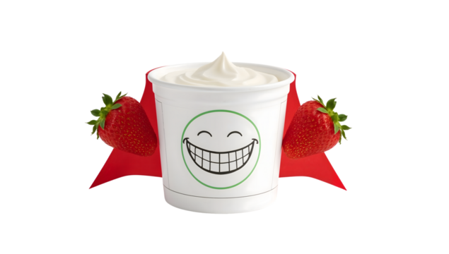 Smiling yogurt cup with red cape and fresh strawberries isolated on the transparent background, fun healthy superhero snack concept