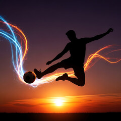 Illustration of silhouette of a soccer player kicking the ball at sunset with light trails, showcasing skill, energy, and the beauty of the sport in nature