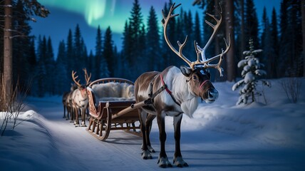 Majestic reindeer pulling a sleigh through a snowy forest under the enchanting glow of the northern lights