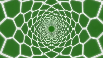 Abstract digital tunnel with glowing white hexagonal grid on a vibrant green background, creating a mesmerizing futuristic visual effect and optical illusion of infinite depth - Powered by Adobe