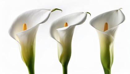 Three White Calla Lilies On A White Background