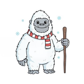 Cute Cartoon Yeti or Abominable Snowman with Scarf and Stick