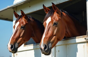 Fototapeta premium Two brown horses with white markings look out from transport trailer. Animals appear calm, patiently waiting inside horsebox. Sunny day with blue sky background. Equine transport journey. Rural farm